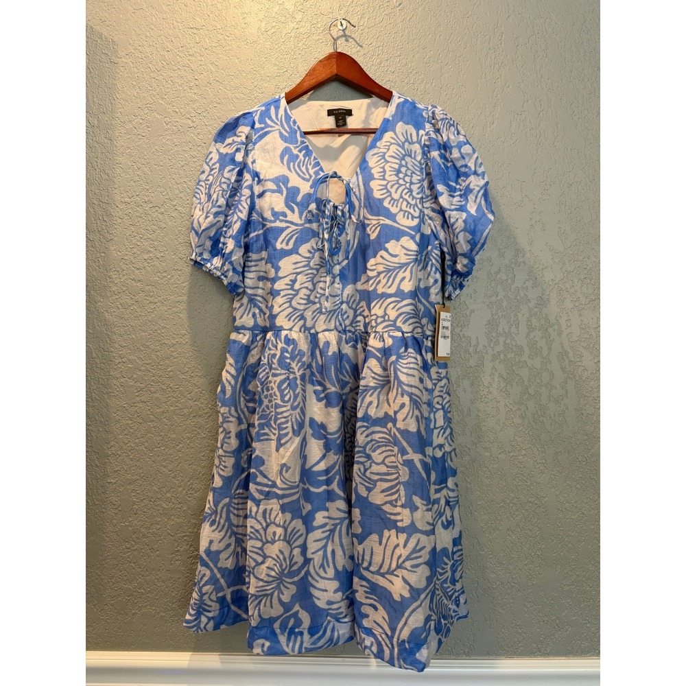 Halogen Blue White Floral Puff Sleeve V-Neck Tie Front Pocket Dress Medium NWT